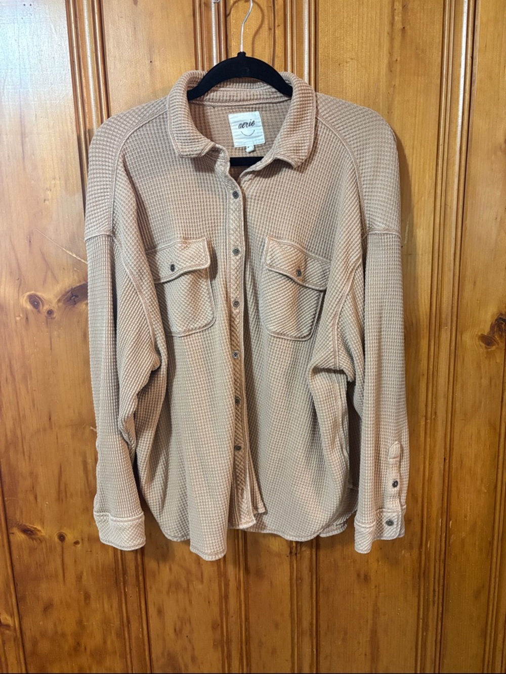 Aerie Waffle Knit Button-Up Jacket | Cozy Overshirt | Neutral Beige - Size Med